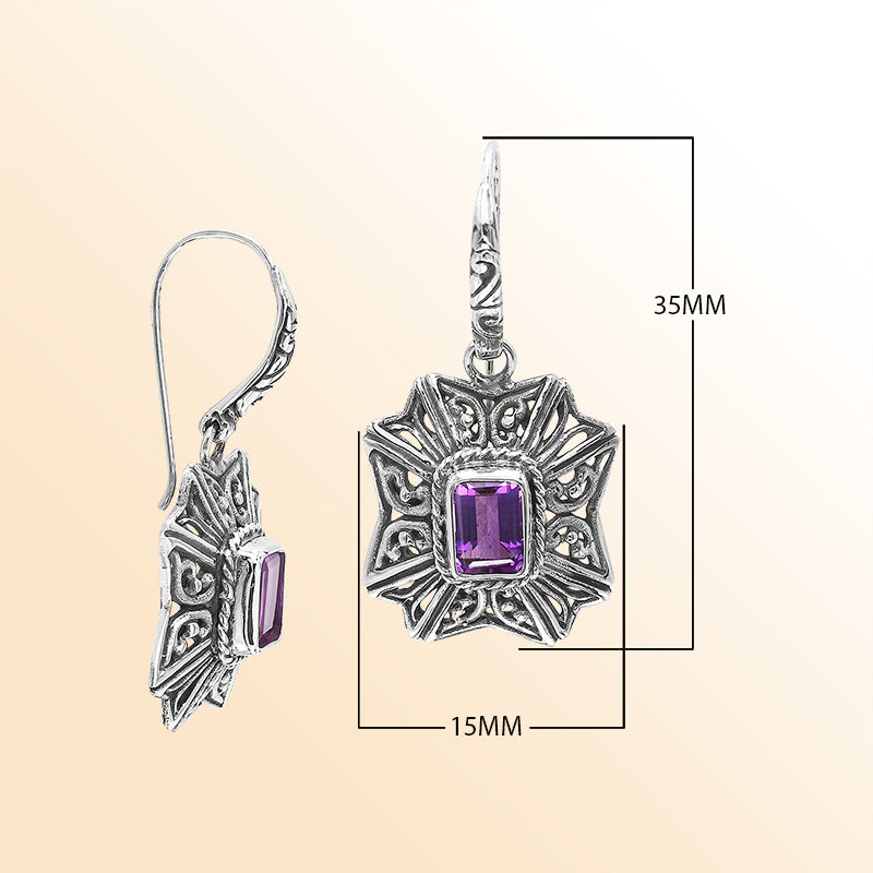 Sterling Silver Ornate Charming Starburst Filigree Amethyst Quartz Artisan Earrings With Oxidized Finish And Balinese Craftsmanship