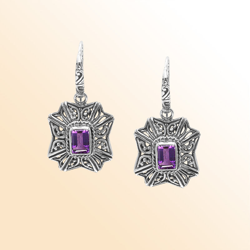 Sterling Silver Ornate Charming Starburst Filigree Amethyst Quartz Artisan Earrings With Oxidized Finish And Balinese Craftsmanship