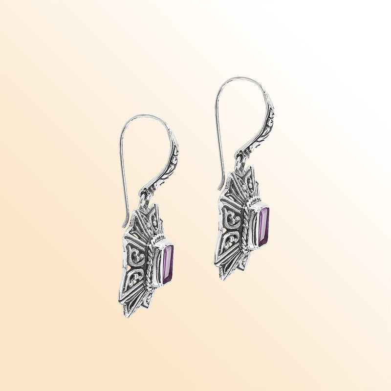 Sterling Silver Ornate Charming Starburst Filigree Amethyst Quartz Artisan Earrings With Oxidized Finish And Balinese Craftsmanship