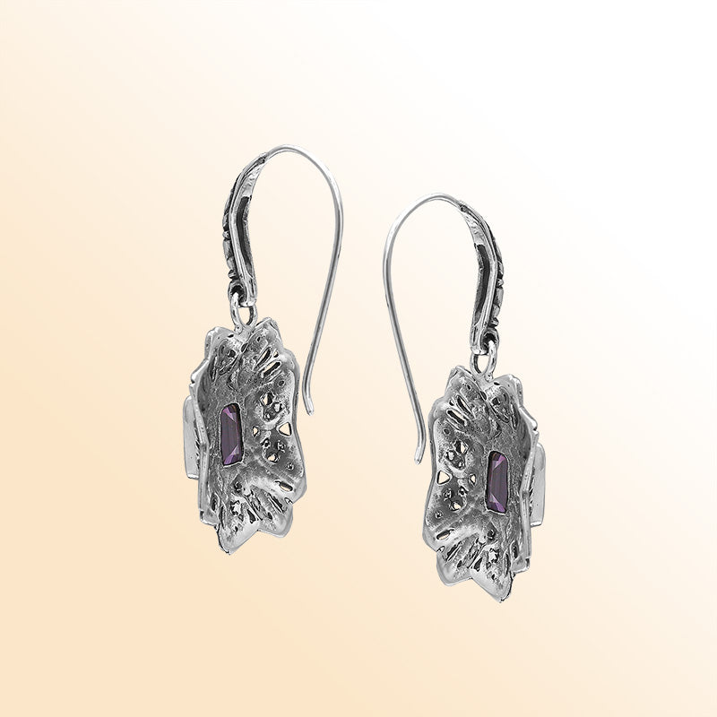 Sterling Silver Ornate Charming Starburst Filigree Amethyst Quartz Artisan Earrings With Oxidized Finish And Balinese Craftsmanship