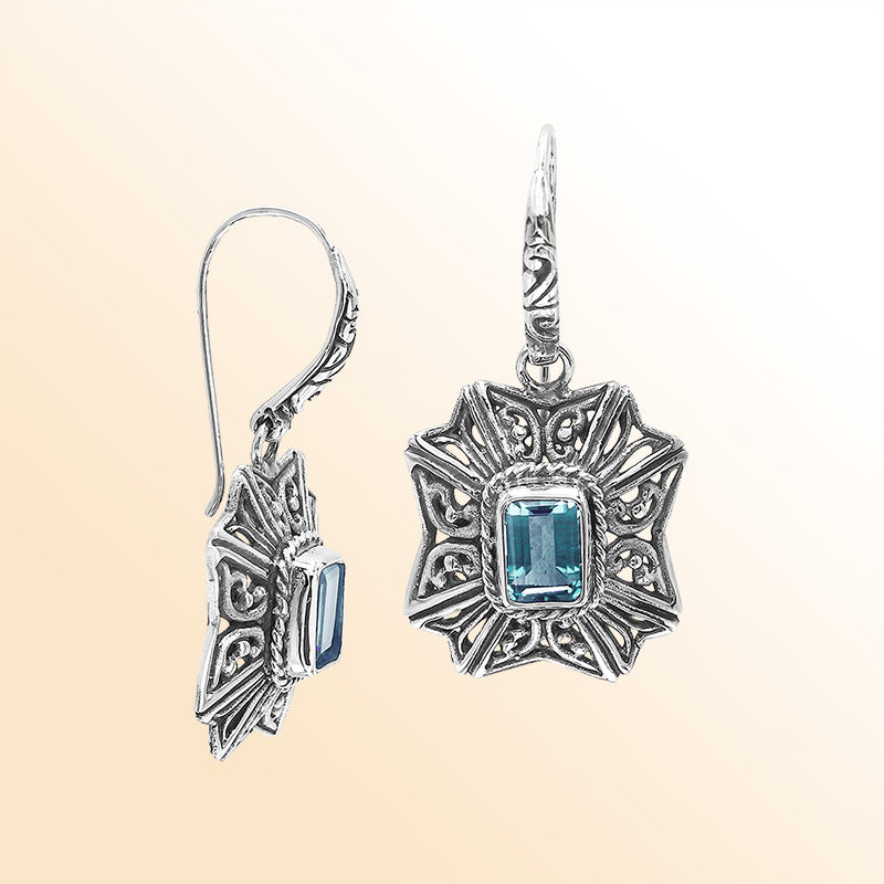 Sterling Silver Ornate Charming Starburst Filigree Blue Topaz Quartz Artisan Earrings With Oxidized Finish And Balinese Craftsmanship