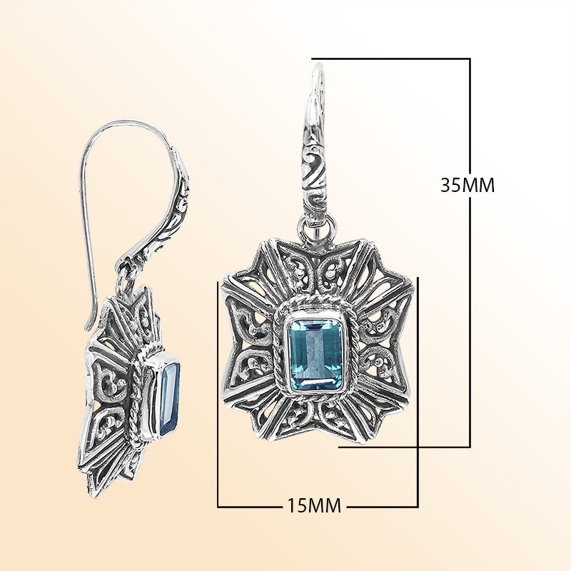 Sterling Silver Ornate Charming Starburst Filigree Blue Topaz Quartz Artisan Earrings With Oxidized Finish And Balinese Craftsmanship
