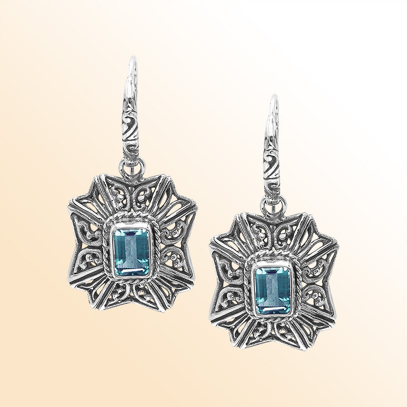 Sterling Silver Ornate Charming Starburst Filigree Blue Topaz Quartz Artisan Earrings With Oxidized Finish And Balinese Craftsmanship