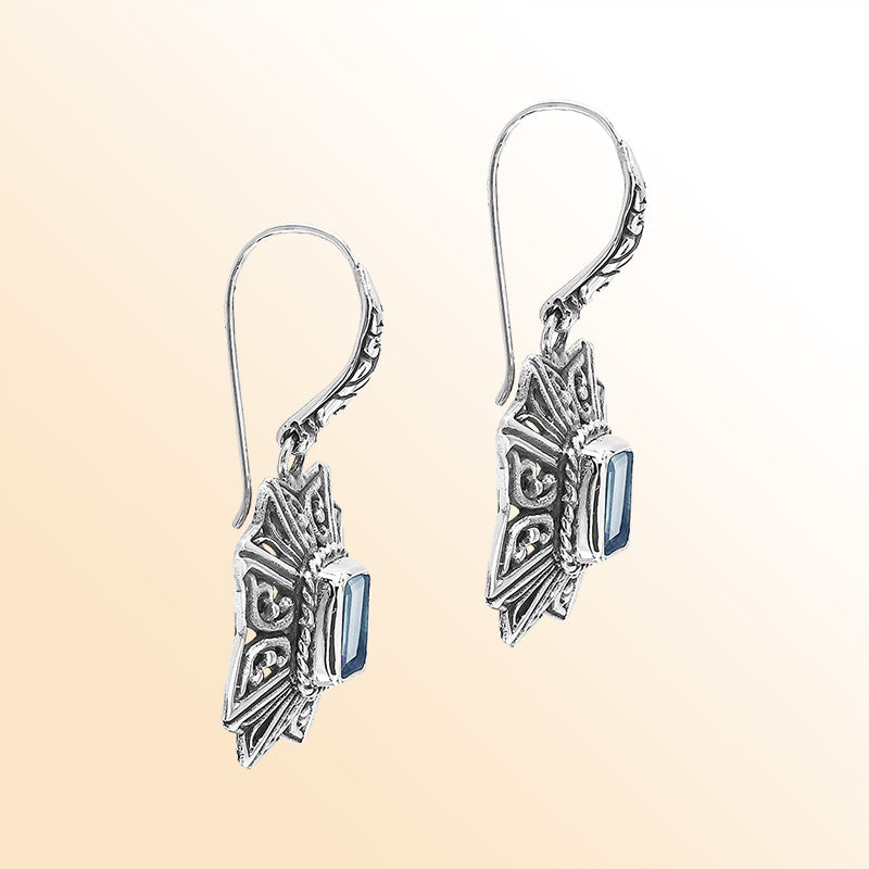 Sterling Silver Ornate Charming Starburst Filigree Blue Topaz Quartz Artisan Earrings With Oxidized Finish And Balinese Craftsmanship