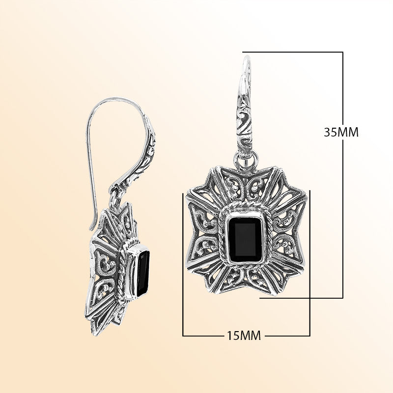 Sterling Silver Ornate Charming Starburst Filigree Black Onyx Artisan Earrings With Oxidized Finish And Balinese Craftsmanship