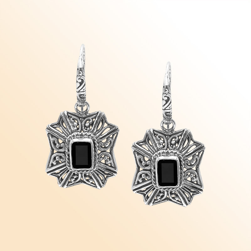 Sterling Silver Ornate Charming Starburst Filigree Black Onyx Artisan Earrings With Oxidized Finish And Balinese Craftsmanship
