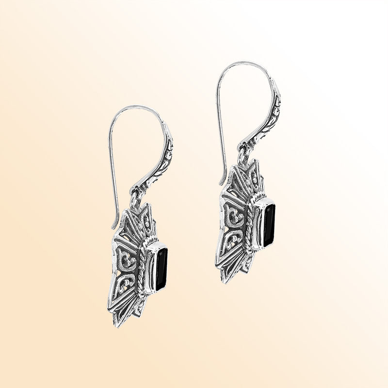 Sterling Silver Ornate Charming Starburst Filigree Black Onyx Artisan Earrings With Oxidized Finish And Balinese Craftsmanship