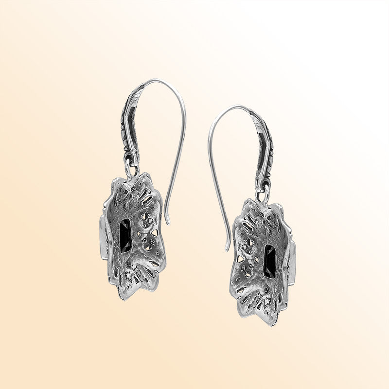 Sterling Silver Ornate Charming Starburst Filigree Black Onyx Artisan Earrings With Oxidized Finish And Balinese Craftsmanship