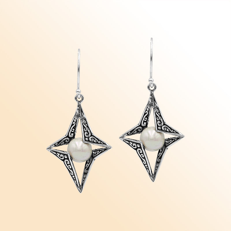 Sterling Silver Radiant Star Mabe Pearl Dangle Earrings With Bali Scroll Detailing Handcrafted In Bali