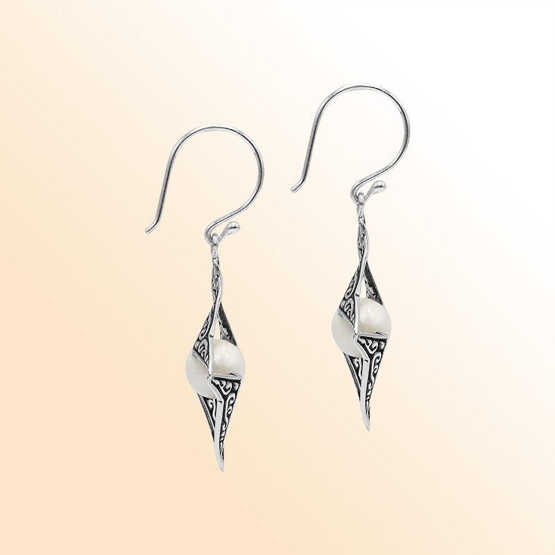 Sterling Silver Radiant Star Mabe Pearl Dangle Earrings With Bali Scroll Detailing Handcrafted In Bali