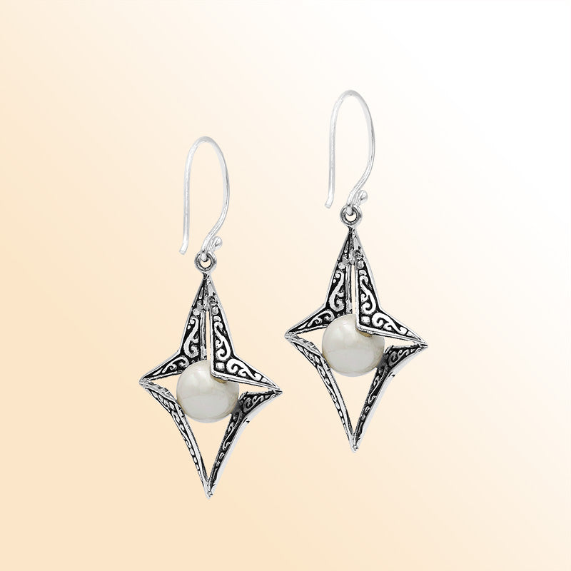 Sterling Silver Radiant Star Mabe Pearl Dangle Earrings With Bali Scroll Detailing Handcrafted In Bali