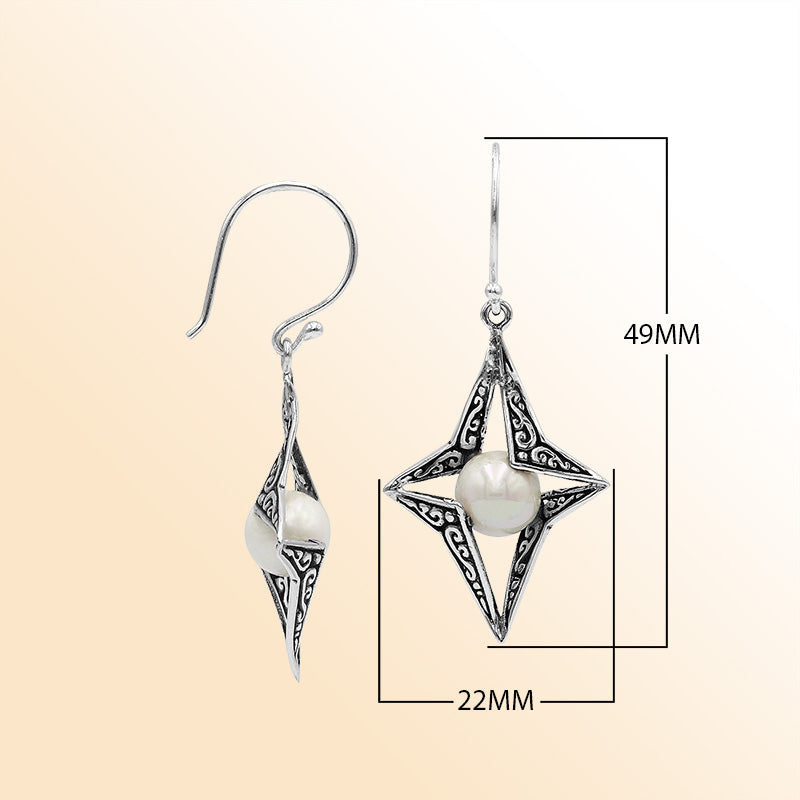 Sterling Silver Radiant Star Mabe Pearl Dangle Earrings With Bali Scroll Detailing Handcrafted In Bali