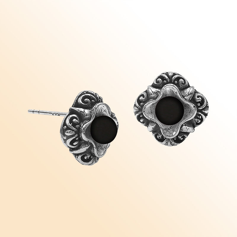 Sterling Silver Bali Floral Black Onyx Stud Earrings With Oxidized Scroll Detailing Handcrafted In Bali