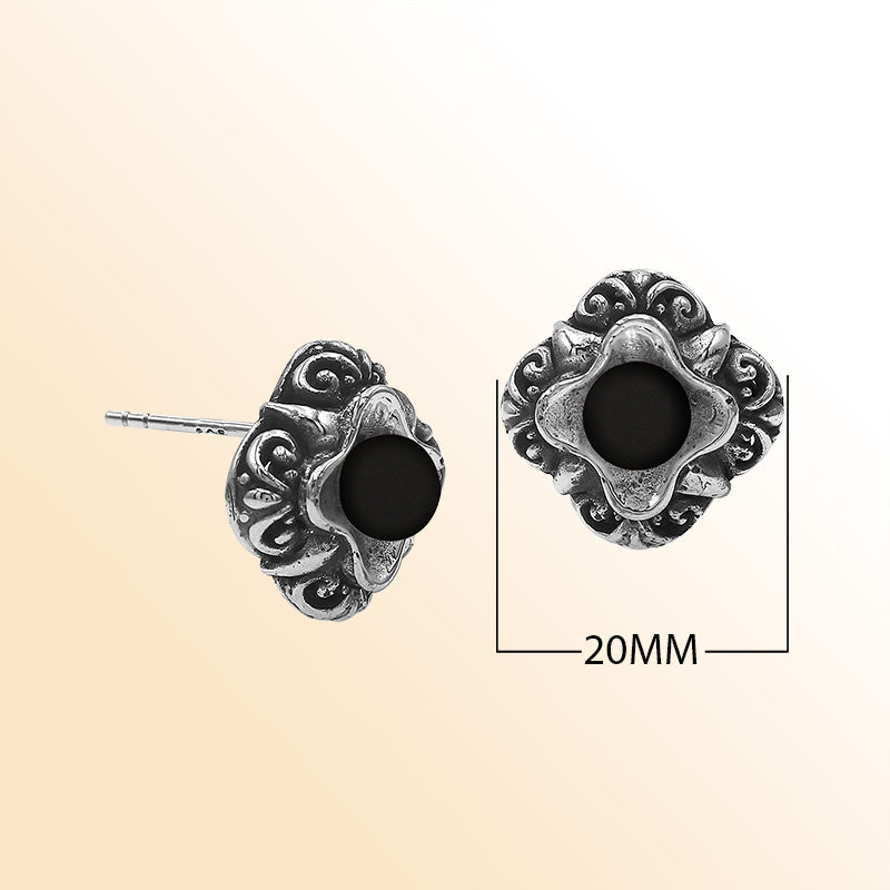 Sterling Silver Bali Floral Black Onyx Stud Earrings With Oxidized Scroll Detailing Handcrafted In Bali