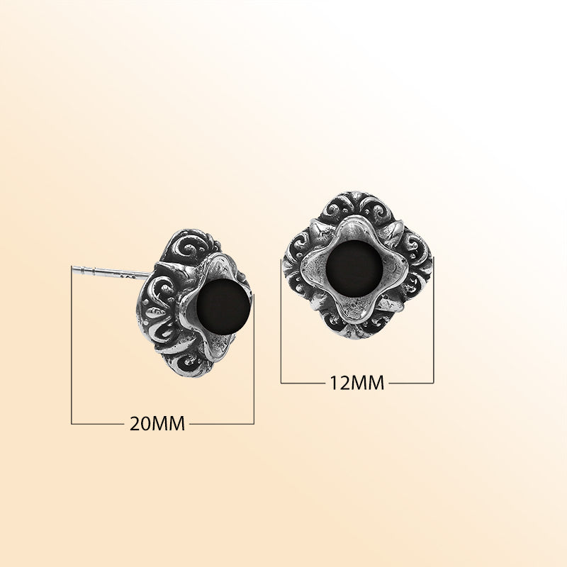 Sterling Silver Bali Floral Black Onyx Stud Earrings With Oxidized Scroll Detailing Handcrafted In Bali