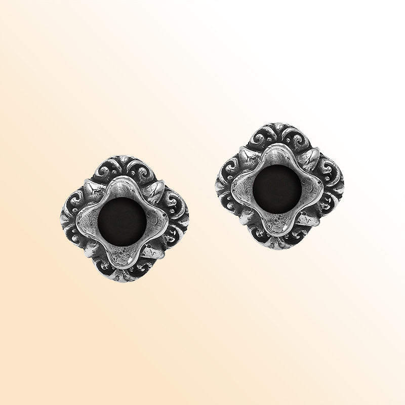 Sterling Silver Bali Floral Black Onyx Stud Earrings With Oxidized Scroll Detailing Handcrafted In Bali