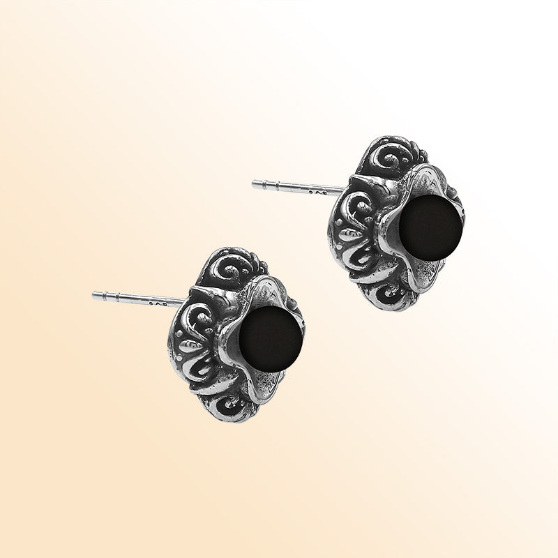 Sterling Silver Bali Floral Black Onyx Stud Earrings With Oxidized Scroll Detailing Handcrafted In Bali