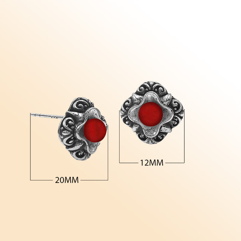 Sterling Silver Bali Floral Red Coral Stud Earrings With Oxidized Scroll Detailing Handcrafted In Bali