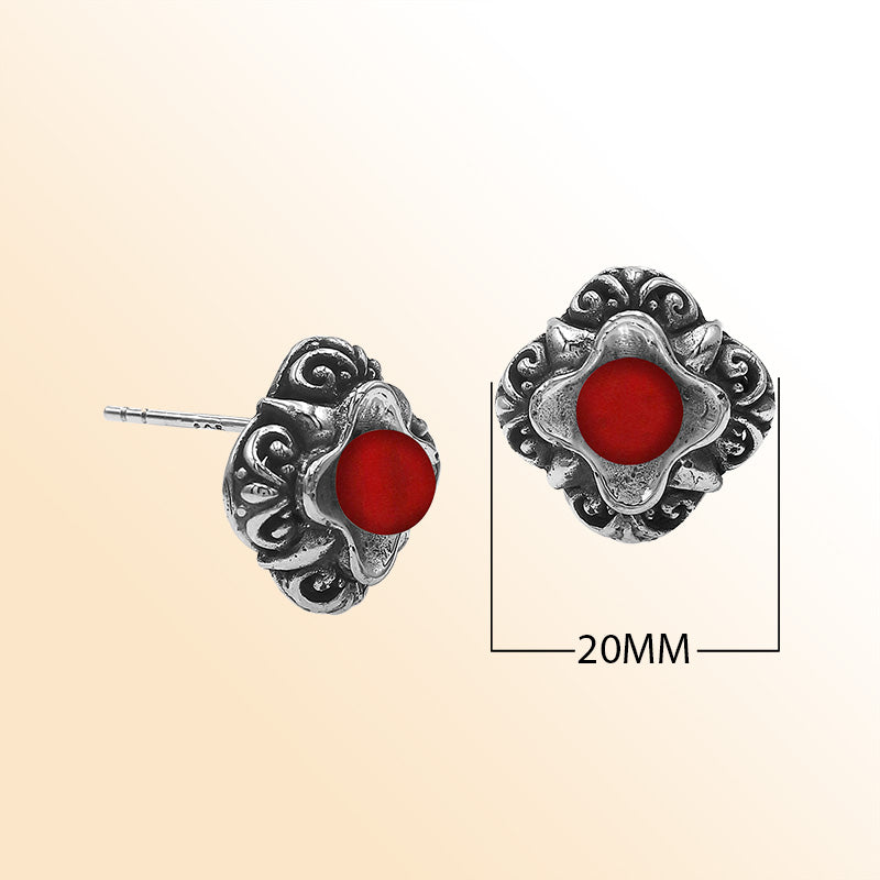 Sterling Silver Bali Floral Red Coral Stud Earrings With Oxidized Scroll Detailing Handcrafted In Bali