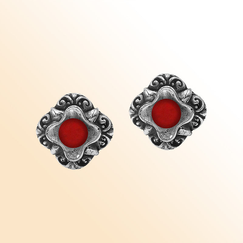 Sterling Silver Bali Floral Red Coral Stud Earrings With Oxidized Scroll Detailing Handcrafted In Bali