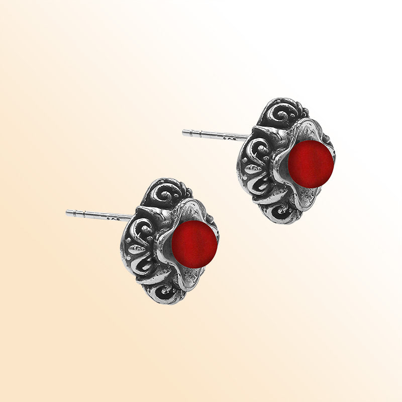 Sterling Silver Bali Floral Red Coral Stud Earrings With Oxidized Scroll Detailing Handcrafted In Bali