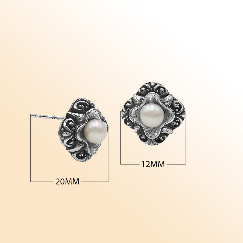 Sterling Silver Bali Floral Mabe Pearl Stud Earrings With Oxidized Scroll Detailing Handcrafted In Bali