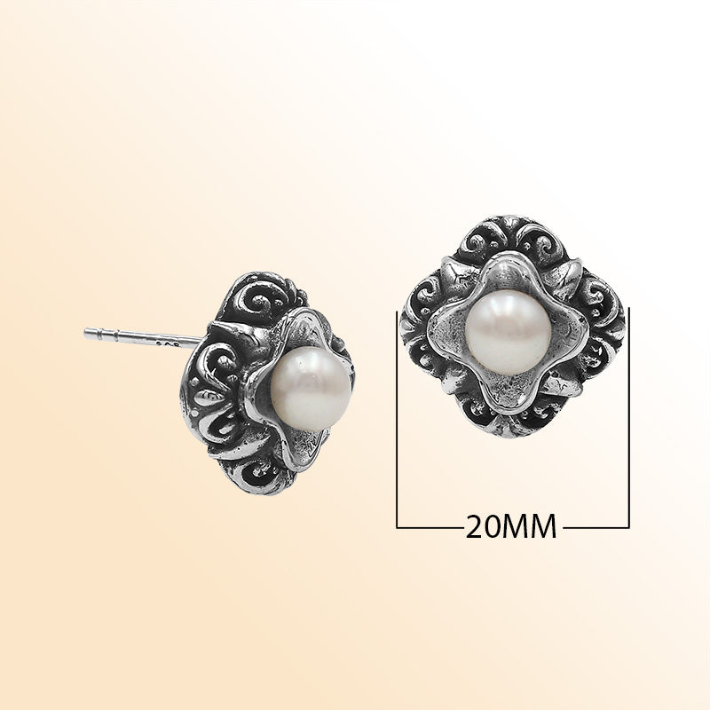 Sterling Silver Bali Floral Mabe Pearl Stud Earrings With Oxidized Scroll Detailing Handcrafted In Bali