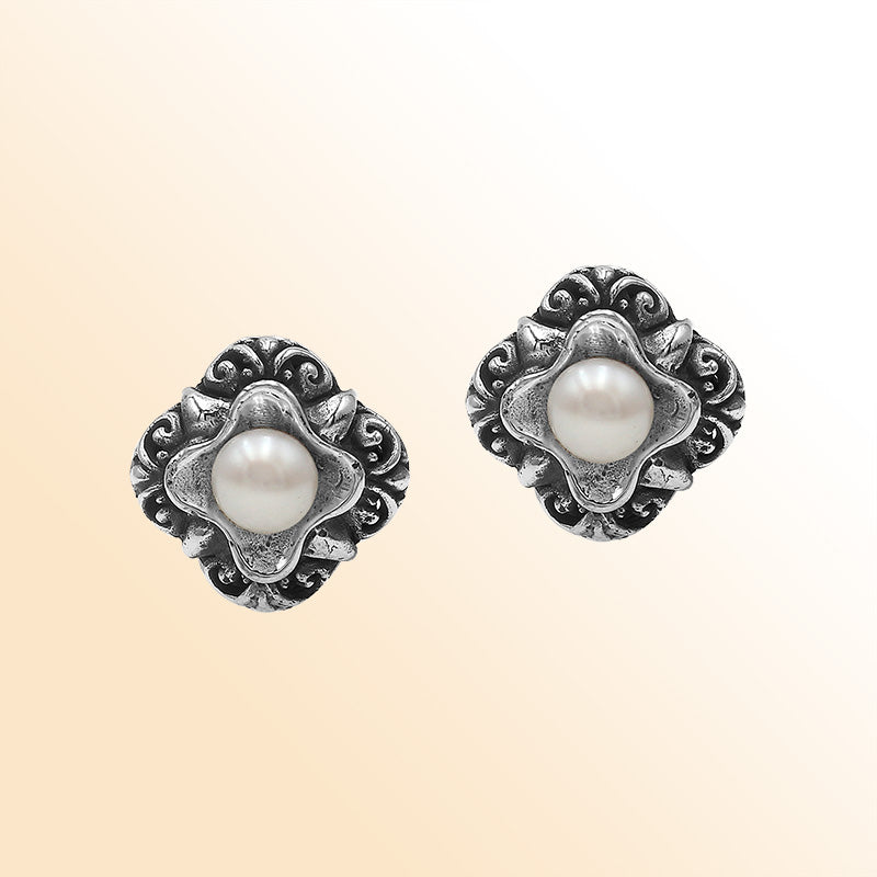 Sterling Silver Bali Floral Mabe Pearl Stud Earrings With Oxidized Scroll Detailing Handcrafted In Bali