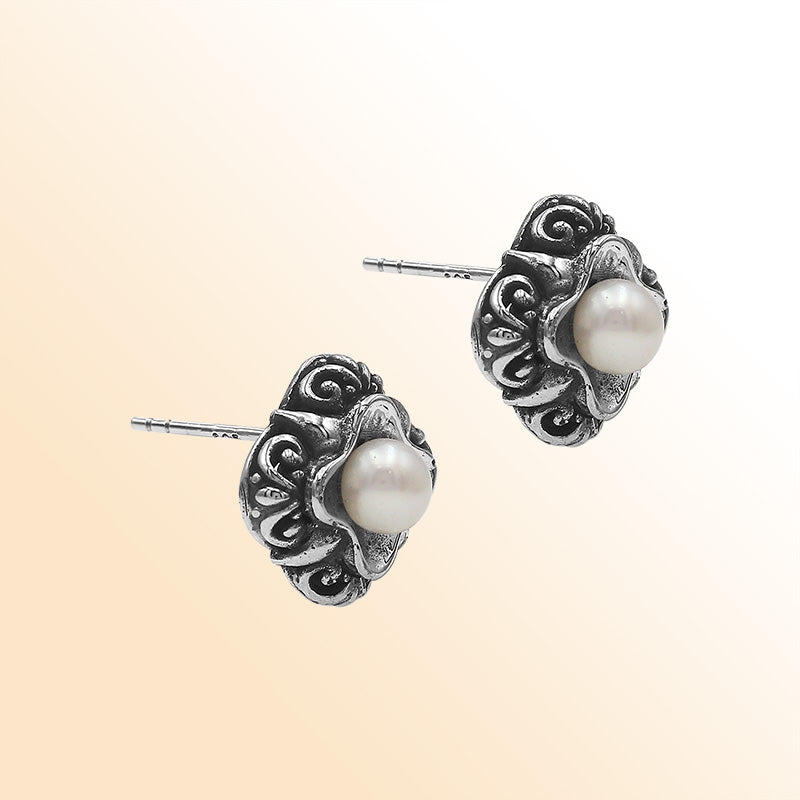 Sterling Silver Bali Floral Mabe Pearl Stud Earrings With Oxidized Scroll Detailing Handcrafted In Bali