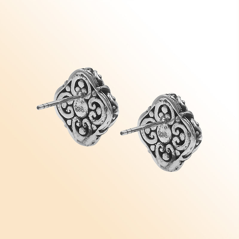 Sterling Silver Bali Floral Mabe Pearl Stud Earrings With Oxidized Scroll Detailing Handcrafted In Bali