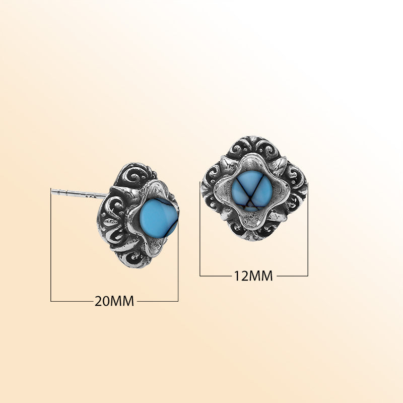 Sterling Silver Bali Floral Turquoise Shell Stud Earrings With Oxidized Scroll Detailing Handcrafted In Bali