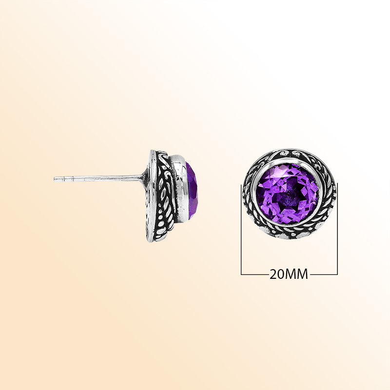 Sterling Silver Bali Rope-Bezel Amethyst Quartz Stud Earrings With Oxidized Detailing Handcrafted In Bali