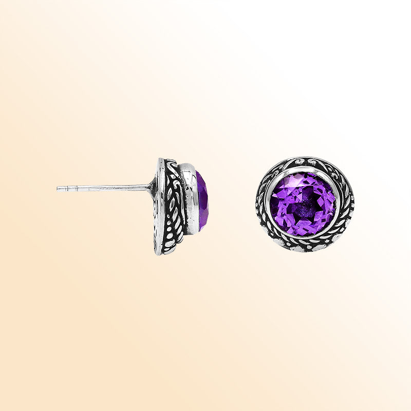Sterling Silver Bali Rope-Bezel Amethyst Quartz Stud Earrings With Oxidized Detailing Handcrafted In Bali
