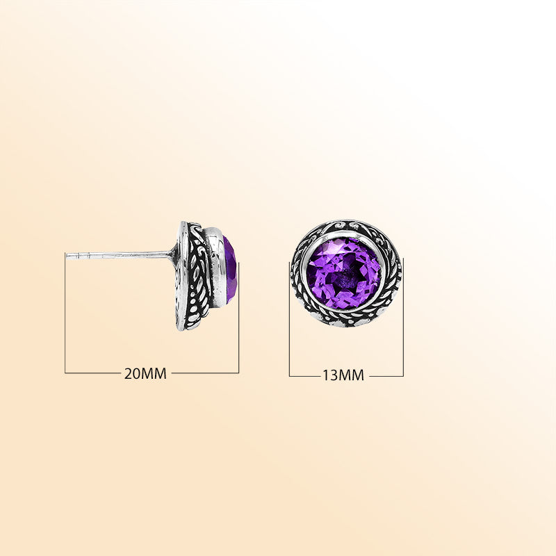 Sterling Silver Bali Rope-Bezel Amethyst Quartz Stud Earrings With Oxidized Detailing Handcrafted In Bali