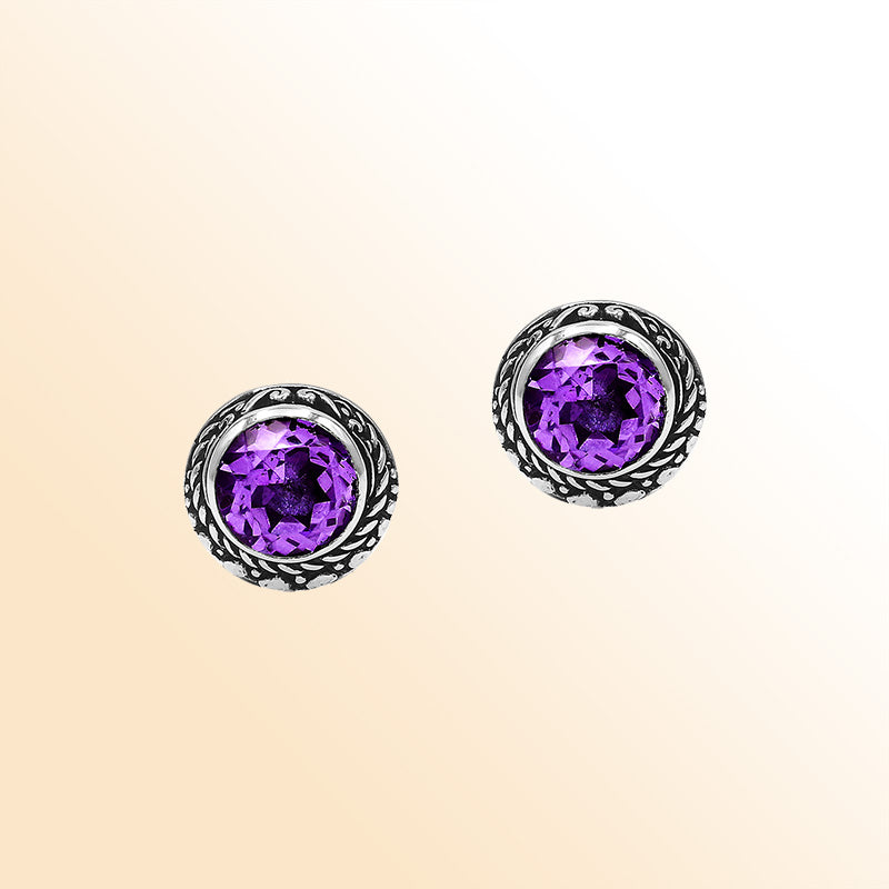 Sterling Silver Bali Rope-Bezel Amethyst Quartz Stud Earrings With Oxidized Detailing Handcrafted In Bali