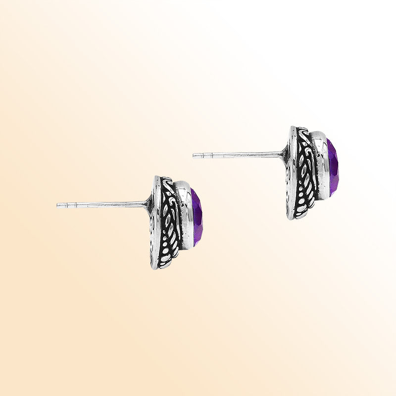 Sterling Silver Bali Rope-Bezel Amethyst Quartz Stud Earrings With Oxidized Detailing Handcrafted In Bali