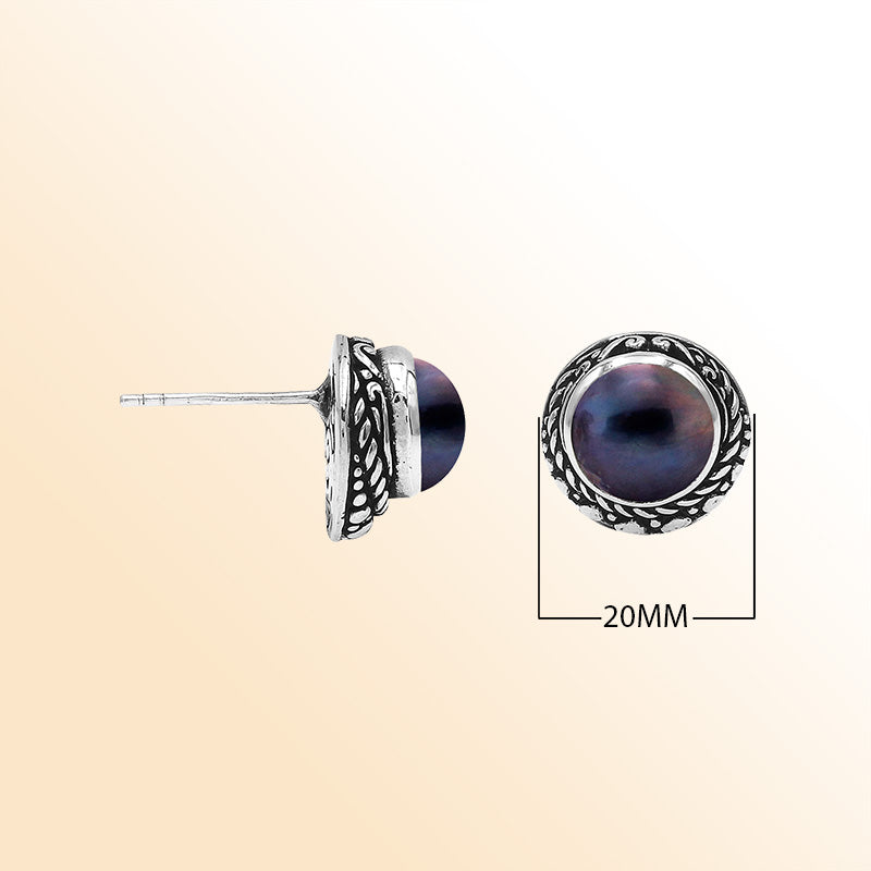 Sterling Silver Bali Rope-Bezel Gray Mabe Pearl Stud Earrings With Oxidized Detailing Handcrafted In Bali