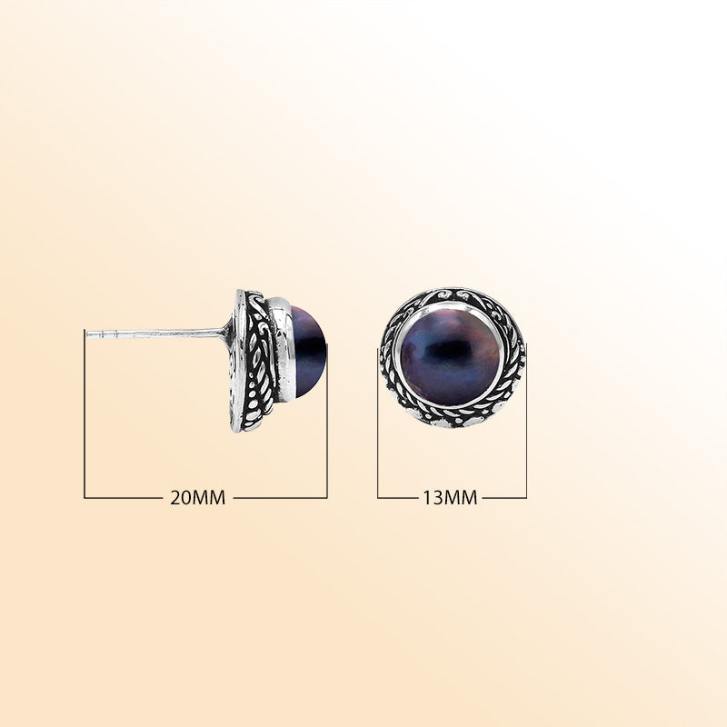 Sterling Silver Bali Rope-Bezel Gray Mabe Pearl Stud Earrings With Oxidized Detailing Handcrafted In Bali