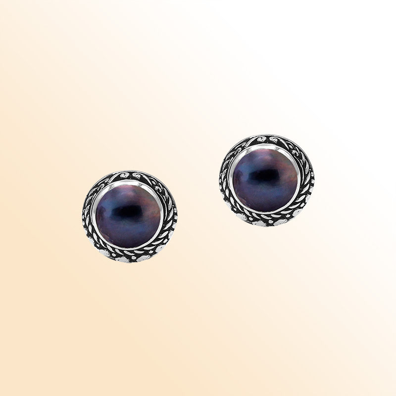 Sterling Silver Bali Rope-Bezel Gray Mabe Pearl Stud Earrings With Oxidized Detailing Handcrafted In Bali