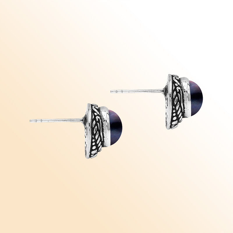 Sterling Silver Bali Rope-Bezel Gray Mabe Pearl Stud Earrings With Oxidized Detailing Handcrafted In Bali