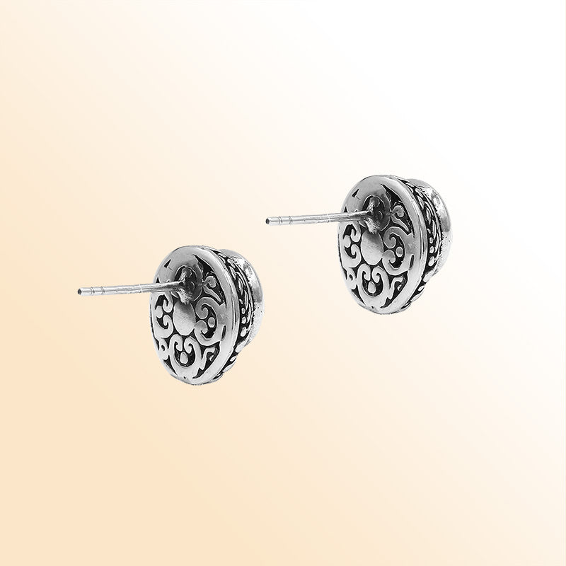 Sterling Silver Bali Rope-Bezel Gray Mabe Pearl Stud Earrings With Oxidized Detailing Handcrafted In Bali