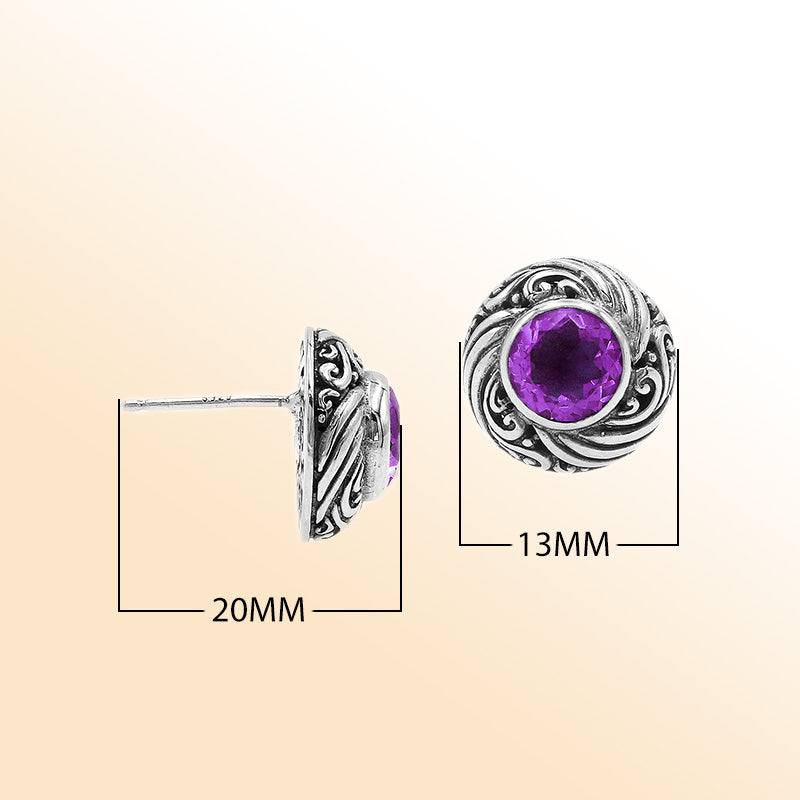 Sterling Silver Bali Swirl Amethyst Quartz Stud Earrings With Oxidized Scroll Detailing Handcrafted In Bali
