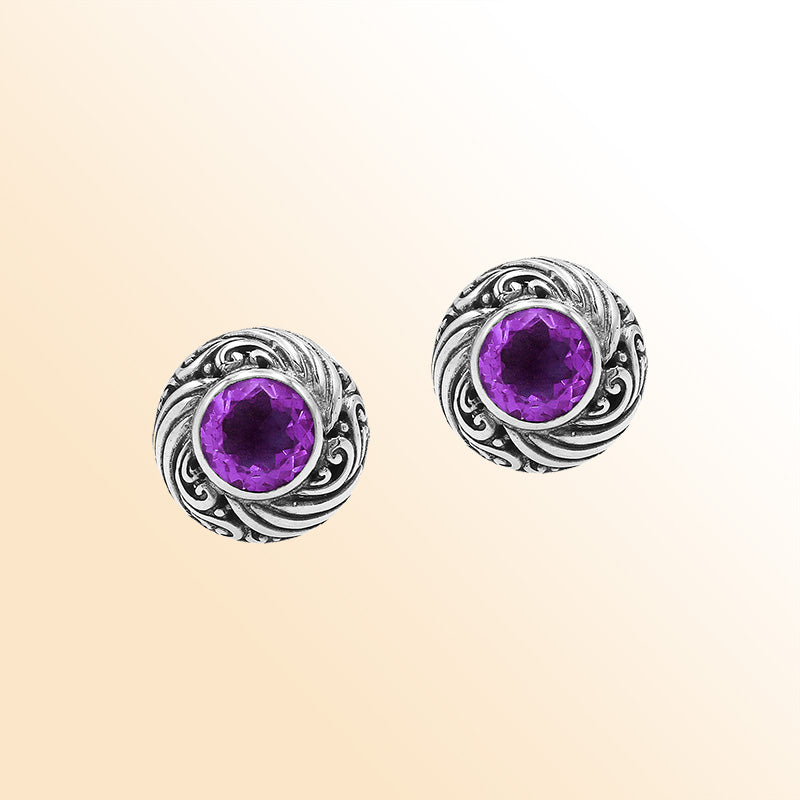 Sterling Silver Bali Swirl Amethyst Quartz Stud Earrings With Oxidized Scroll Detailing Handcrafted In Bali