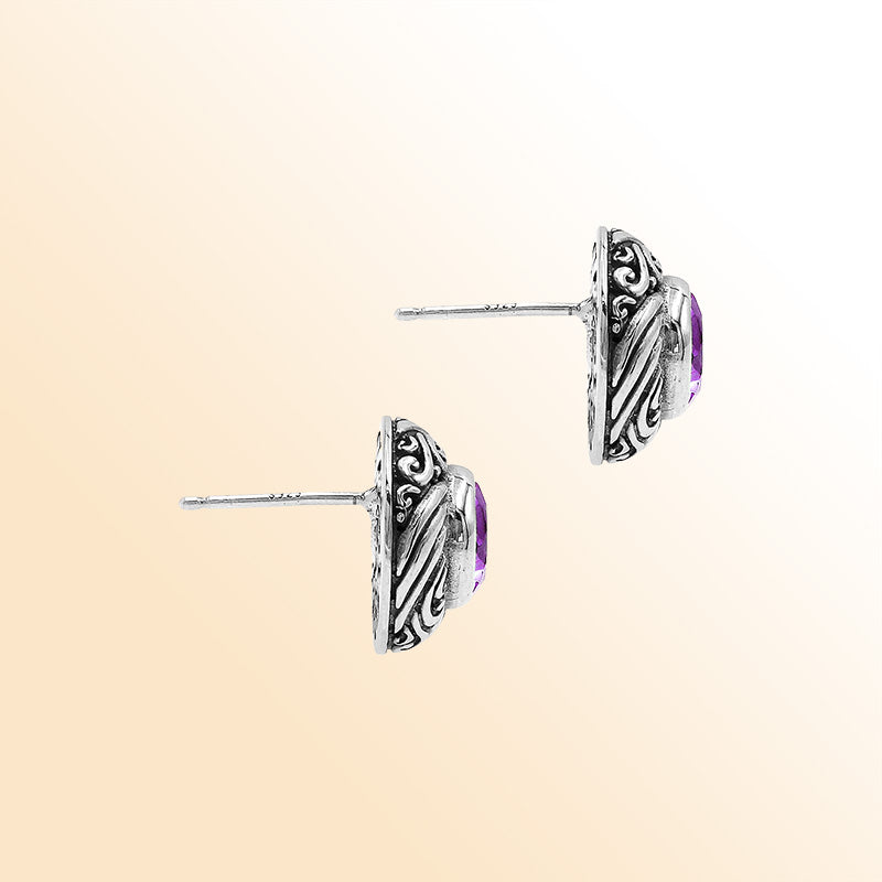 Sterling Silver Bali Swirl Amethyst Quartz Stud Earrings With Oxidized Scroll Detailing Handcrafted In Bali