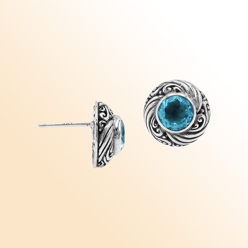 Sterling Silver Bali Swirl Blue Topaz Quartz Stud Earrings With Oxidized Scroll Detailing Handcrafted In Bali