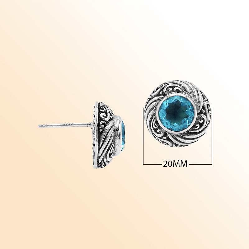 Sterling Silver Bali Swirl Blue Topaz Quartz Stud Earrings With Oxidized Scroll Detailing Handcrafted In Bali
