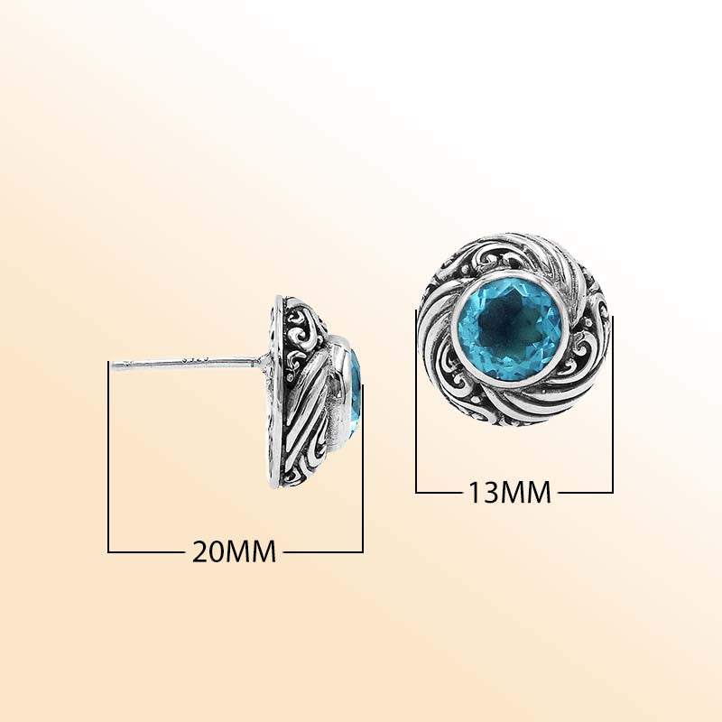 Sterling Silver Bali Swirl Blue Topaz Quartz Stud Earrings With Oxidized Scroll Detailing Handcrafted In Bali
