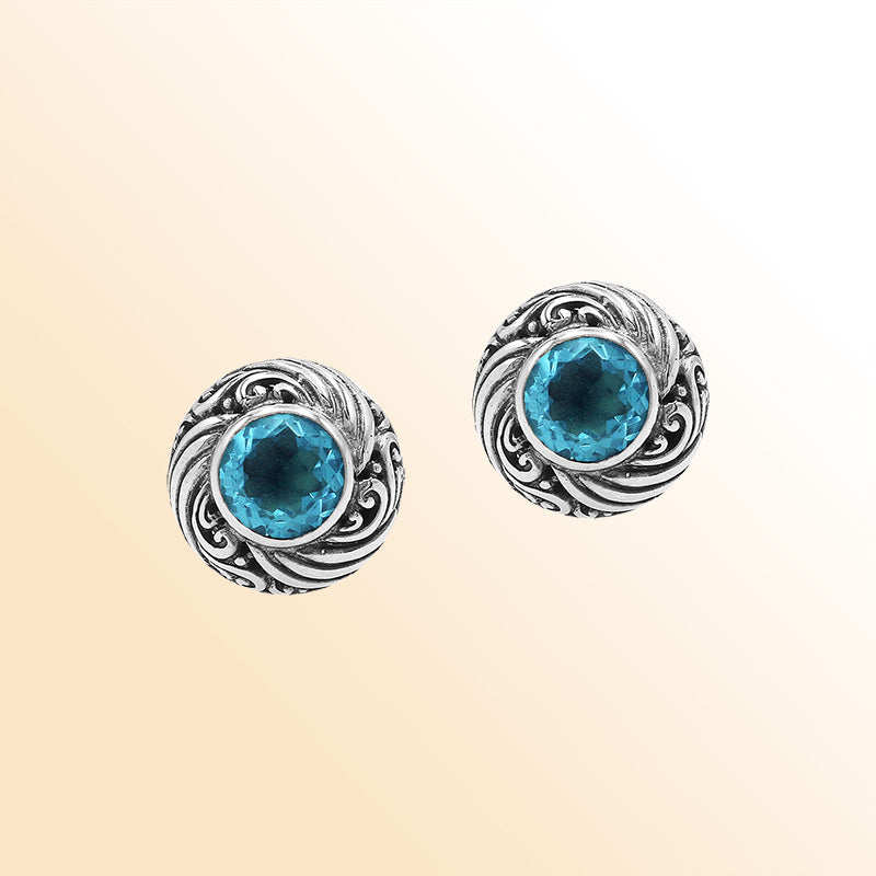 Sterling Silver Bali Swirl Blue Topaz Quartz Stud Earrings With Oxidized Scroll Detailing Handcrafted In Bali