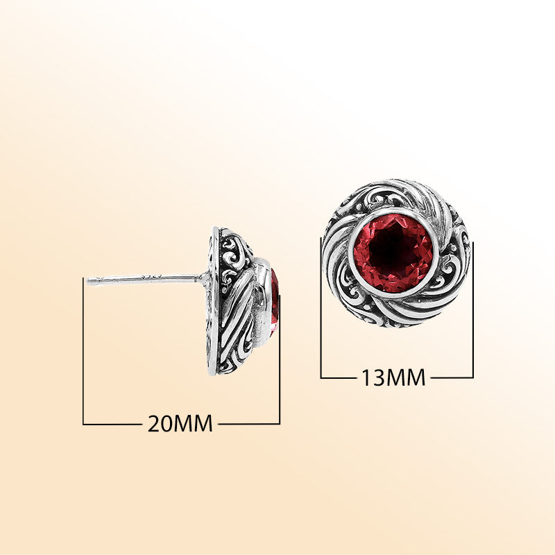Sterling Silver Bali Swirl Garnet Quartz Stud Earrings With Oxidized Scroll Detailing Handcrafted In Bali