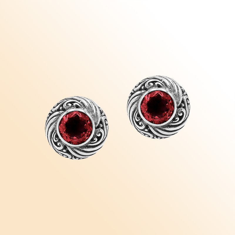 Sterling Silver Bali Swirl Garnet Quartz Stud Earrings With Oxidized Scroll Detailing Handcrafted In Bali